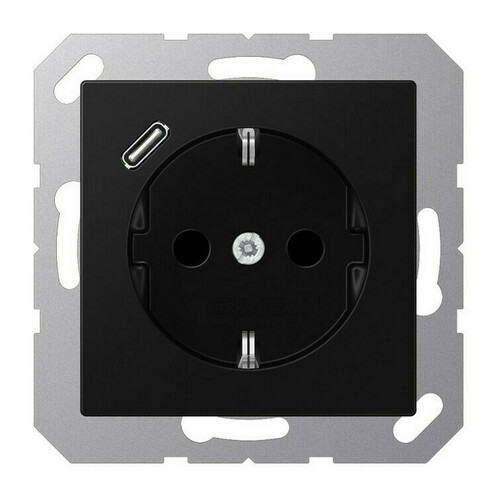 Розетка с USB Jung A 500, скрытый монтаж, с заземлением, черный матовый, A1520-18CSWM